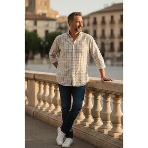 Overton Men’s XL Wrinkle-Free Button-Down Dress Shirt – Yellow/Blue Plaid